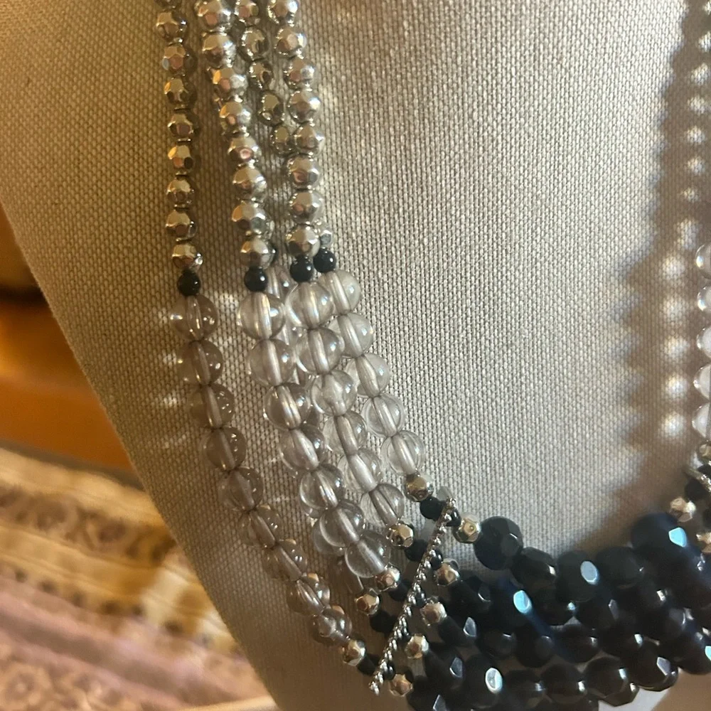 Vintage 5-Strand Multi-Facet Beaded Bib Statement Necklace Black Silver Clear